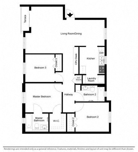 Floor plan for 3 beds, 2 baths, 1138 sqft
